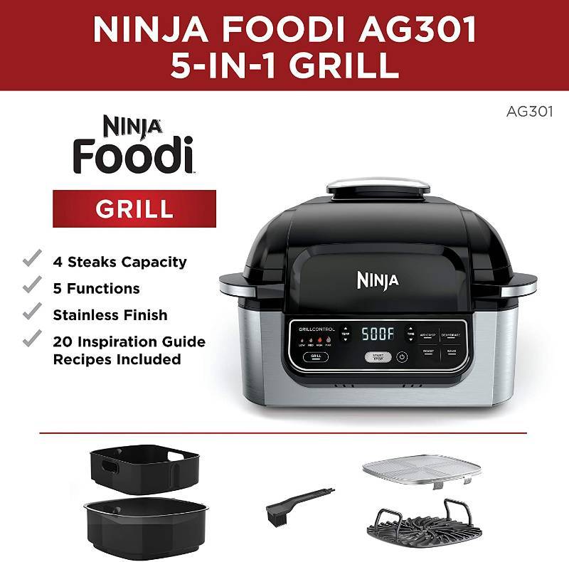 lot 11 image: Ninja AG301 Foodi 5-in-1 Indoor Grill with Air Fry, Roast, Bake & Dehydrate, BlackSilver