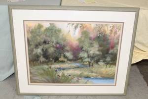 River Meadow by Liz McMahon (Greenville WI) Signed Original Watercolor , Wood FrameDouble Matte