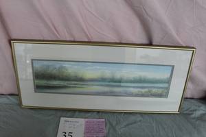 Lake and Shoreline Landscape Signed Original Watercolor , FramedSingle Matte