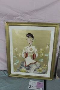 Vintage Asian Woman with Flowers by Bernard Signed Air Brush , FramedSingle Matte