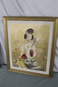 Vintage Asian Woman with Flowers by Bernard Signed Air Brush , FramedSingle Matte