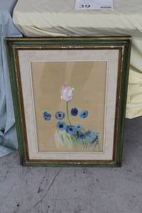 Pink and Blue Flowers Signed Art , FramedSingle Matte