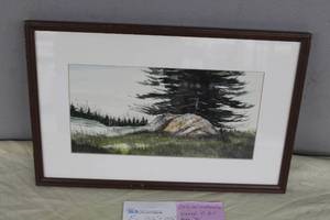 Winter Scene with Pine Forest by E. Hill circa 1982 Signed Original Watercolor , FramedSingle Matte