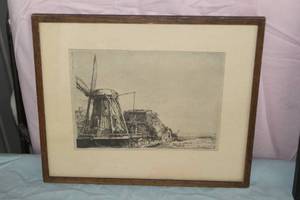 Vintage Windmill Print Rembrandt Etching , FramedSingle Matte