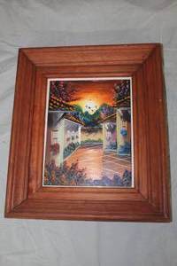 Courtyard Sunset by E. Lopez circa 2003 Signed Oil Painting on Glass , Wood Frame