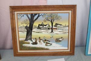 Ducks On Frozen Pond by H. Hargrove Signed Oil Art , Wood FrameSingle Matte