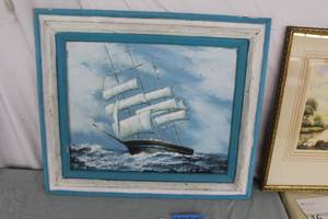 Vintage Ship At Sea Signed Oil Painting , Wood FrameSingle Matte