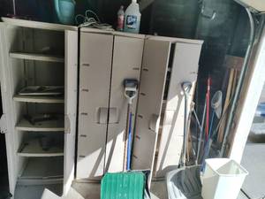 Three Garage Rubbermaid Cabinets & Yard Tools