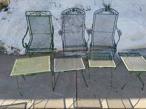 Three Metal Outdoor Chairs & Four End Tables