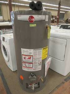 lot 833 image: Rheem 2487258 50 gal. 40,000 BTU Pro Classic Short Atmospheric Residential Natural Gas - Slight Dent on top, missing damper.