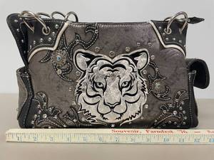lot 52 image: Rhinestone Studded White Tiger Faux Leather Handbag