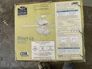 lot 534 image: Turn Of The Century Minerva 44 White Tilt Mount Ceiling Fan with Light (New In Box )