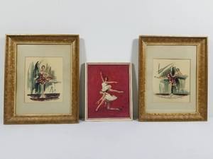 lot 47 image: 3 Signed MCM Watercolors of Ballerinas
