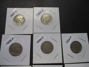 10b. Lot of 10 Buffalo Nickels 23-P, 24-P, 26-P, 27-P, 29-P, 35-P, 36-P, 36-S, 37-P, 37-D and (1) 1900-P Liberty Nickel.