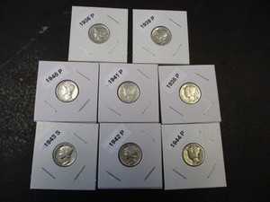 16. Lot of (8) Mercury Silver Dimes including the dates of 1935-P, 36-P, 39-P, 41-P, 42-P, 43-S, 44-D and 45-P