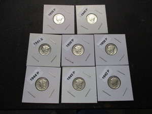 19. Lot of (8) Mercury Silver Dimes including the dates of 1935-P, 36-P, 39-P, 41-S, 42-P, 43-P, 44-D and 45-P