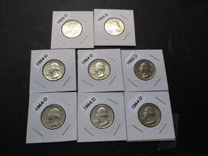 20. Lot of (8) 1964-D (Denver Mint) Washington Silver Quarters-many are higher end with cartwheel effect and luster.