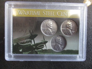 31. 1943-P,D and S WWII Emergency Issue Steel Penny Set in P-40 Warhawk Collectors Case - Excellent Condition