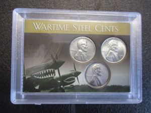 32. 1943-P,D and S WWII Emergency Issue Steel Penny Set in P-40 Warhawk Collectors Case - Excellent Condition