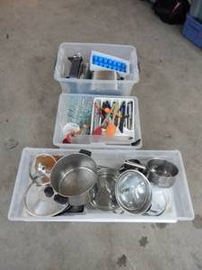 3-Totes With Lids Full Of Kitchen Related