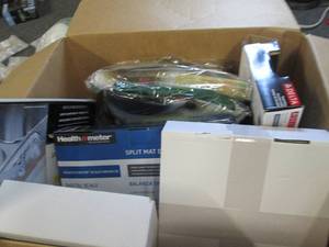 box of bathroom misc with scales ...