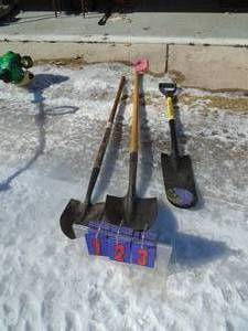 Qty of 3 dirt shovels. As shown. 2 fiberglass.
