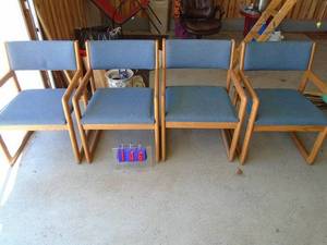 Qty of 4 oak & fabric arm chairs. Good condition. As shown.