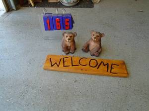 Qty of 2 decorative bears & sign. As shown.