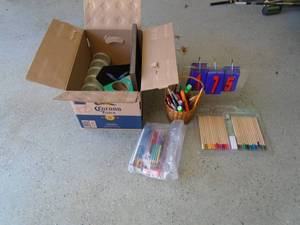 Box of misc craft items. Drawing pencils & stick pins. As shown.