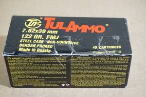 40 Tul Ammo 7.62 x 39mm 122 Gr FMJ Steel Case Ammo
