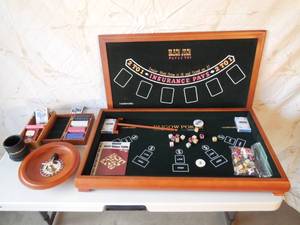 lot 16 image: Gambling Case Black Jack, Paigow, Roulette Wheel, Cards, Dice Chips, Budweiser Dice Cup