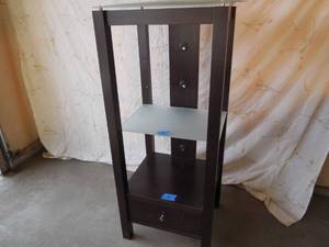 lot 24 image: 53 Tall Wood & Glass Shelf 1-Drawer & 3-Adjustable Glass Shelves & Glass Top