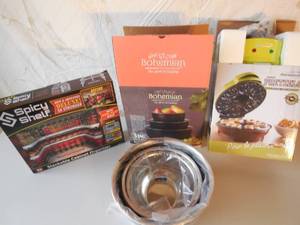 lot 30 image: Pretzel Maker, 3 Piece Mixing Bowls, Spice Shelf. All New In Box