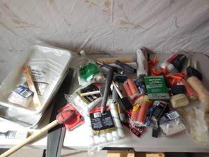 lot 56 image: Box Of Paint Brushes, Rollers, Handles & Gloves