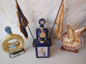 lot 60 image: 2-Ezra Brooks Bottles Order Of The Blue Goose, Fraternal Order Of Eagles, 2-50th Anniversary Of Am. Legion & 1- Display With Flags