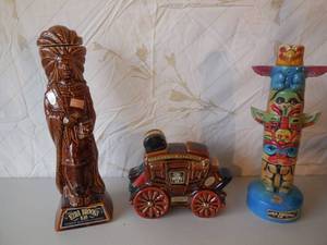 lot 61 image: 3-Ezra Brooks Bottles Indian Chief, Stage Coach & Totem Pole