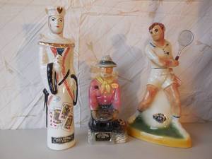 lot 66 image: 3-Ezra Brooks Bottles Queen, Prospector, Tennis Player (Raquet Broke)