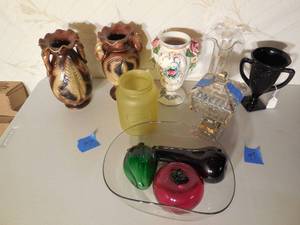 lot 97 image: Lot Of Old Vases, Candy Dish, Bowl Of Glass Fruit