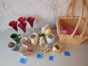 lot 109 image: Lot Of Christmas Cups, Glass Noel Flutes, Basket With Easter Figures. (Rabbit Ear Broke)