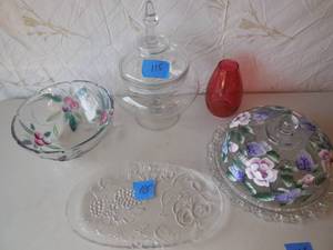 lot 115 image: Lot Of Glass Items Cake Plate, Terrarium, Vase, Platter, Bowl