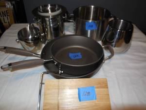lot 128 image: Box Of Pots & Pans, Ice Buckets, Cheese Board, Also Large Fry Pan Not Pictured