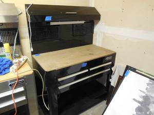 lot 173 image: Kobalt Work Bench With Light & Top Compartment-3-Drawers & Bottom Shelf. Heavy Bench Height 36, 24x45, Back Is 27 Tall