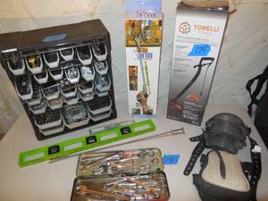 lot 174 image: Lot Of Organizer With Contents, 2-Sets Of Knee Pads, Level, Arm Extender, New Electric String Trimmer, Metal Box With Misc. Sized Wrenches, More