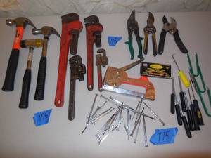 lot 175 image: Lot Of Hammers, Pipe Wrenches, Snips,, Stapler, Tweezers, Fine Screw Drivers, & Picks