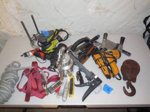 lot 176 image: Lot Of Misc. Tools, Sanders, Sprayer, Electric Stapler, Old Pulley, Scrapers, Caulk Gun, Rope, Tie Down, More