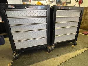 lot 281 image: Pair of Gladiator Cadet 5 Drawer Rolling Tool Boxes w Tools and Hardware