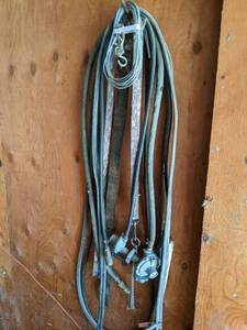 lot 056 image: Misc. Propane Regulators, Lawn Mower Belts, Broom, Dog Leash, and Tie Out Cable. See Photos