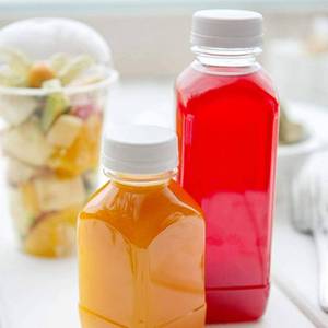 Restaurantware RWP0161C Cold Pressed Juice Recyclable Square Bottle with Safety Cap 16 ounces 100 count box