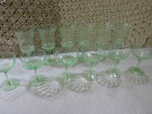 lot 97 image: (BS) Etched Green Glass 12pc Stemme...