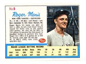 1962 Roger Maris Post Cereal Baseball Card - PSA 8 (Pop 2, Only 9 Higher)